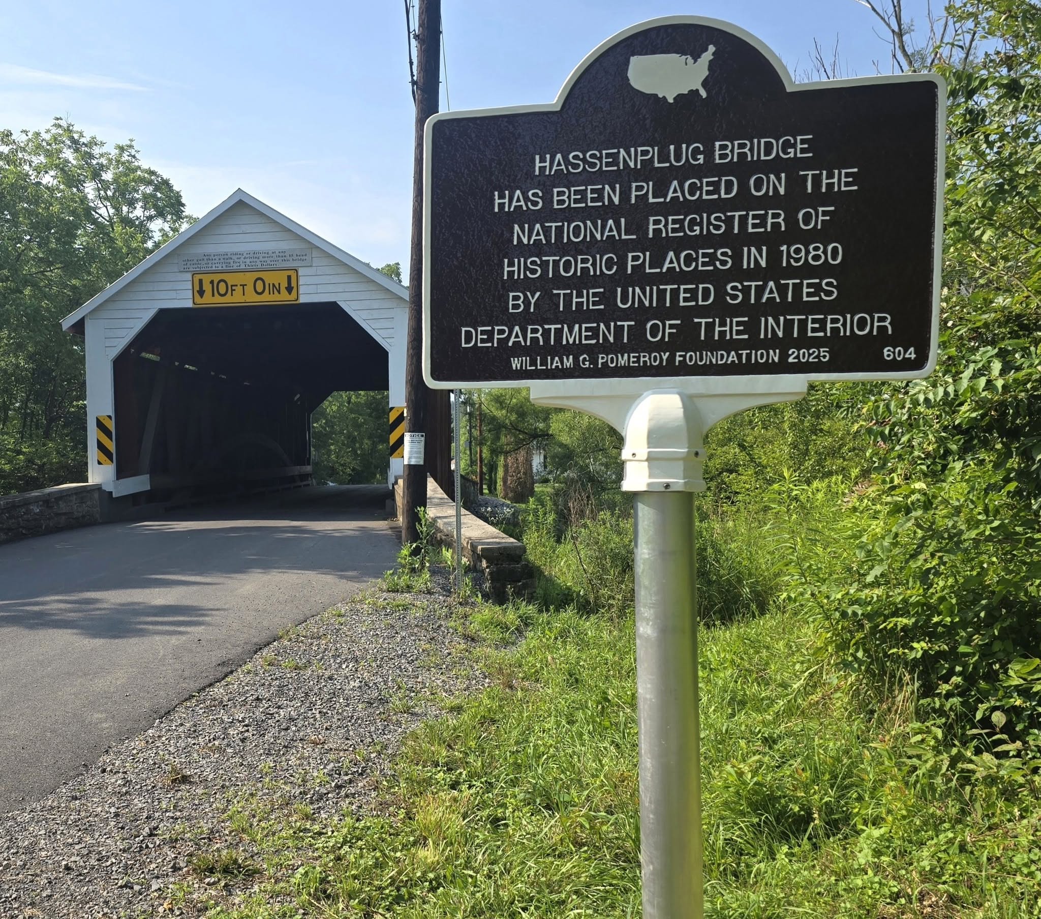 William G. Pomeroy Foundation National Register historic marker at Hassenplug Covered Bridge, Union County, Pennsylvania